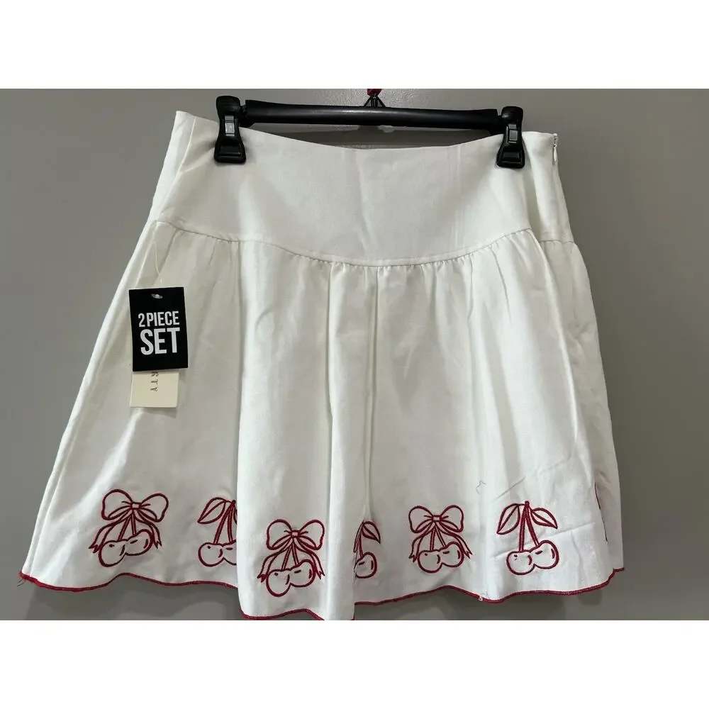 NWT Thirty/Thirty LA White Red Cherry Print Linen Blend 2 Piece skirt Set Size L - Picture 10 of 10